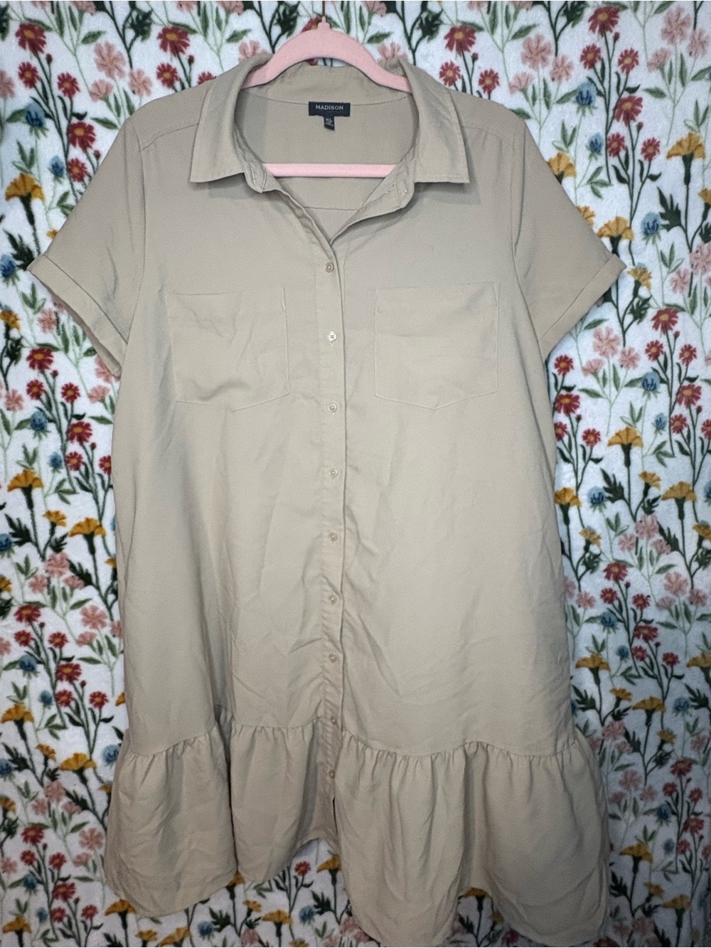 Madison Neutral Beige Button-Front Ruffle Hem Shirt Dress